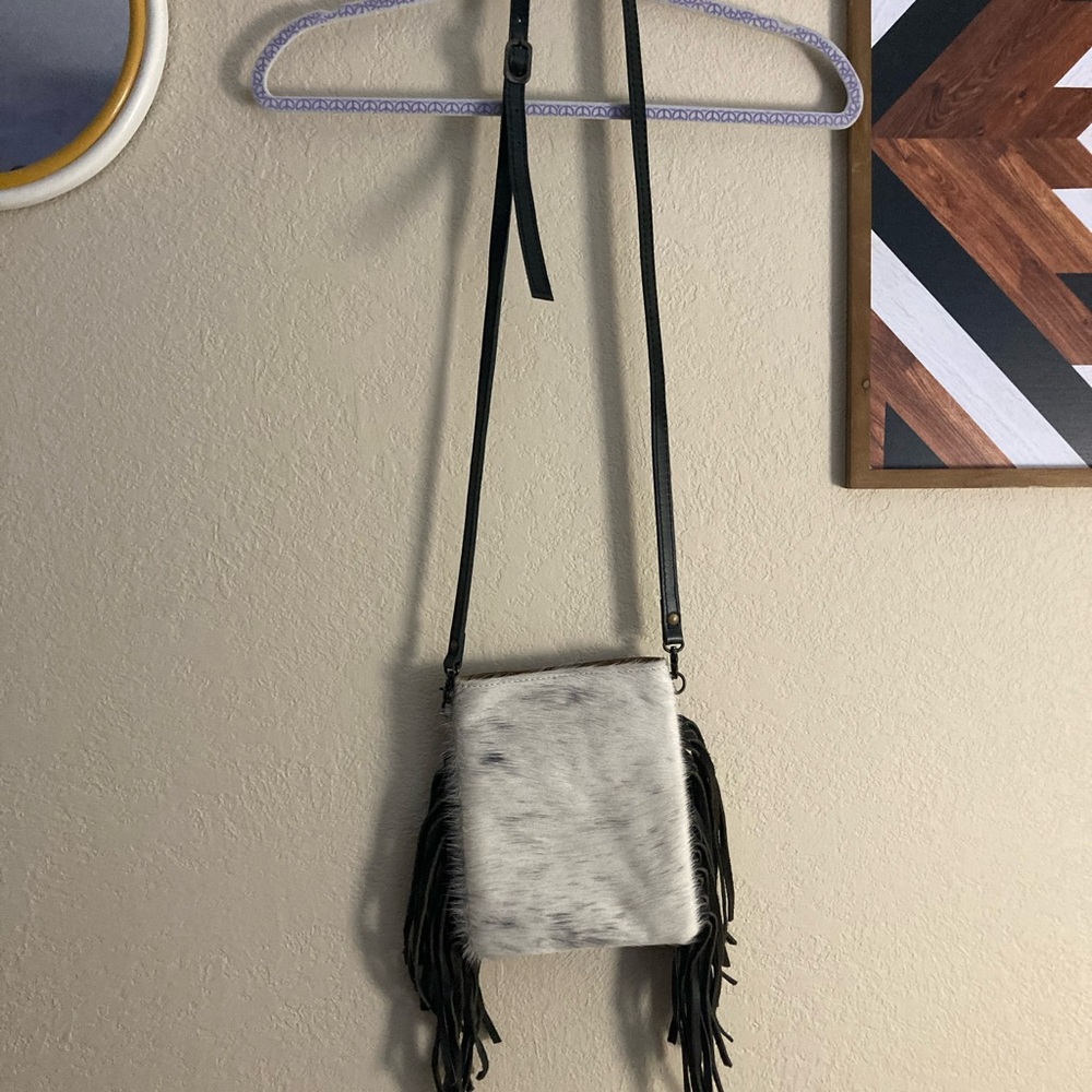 Black and White hide and leather Fringe western Crossbody purse